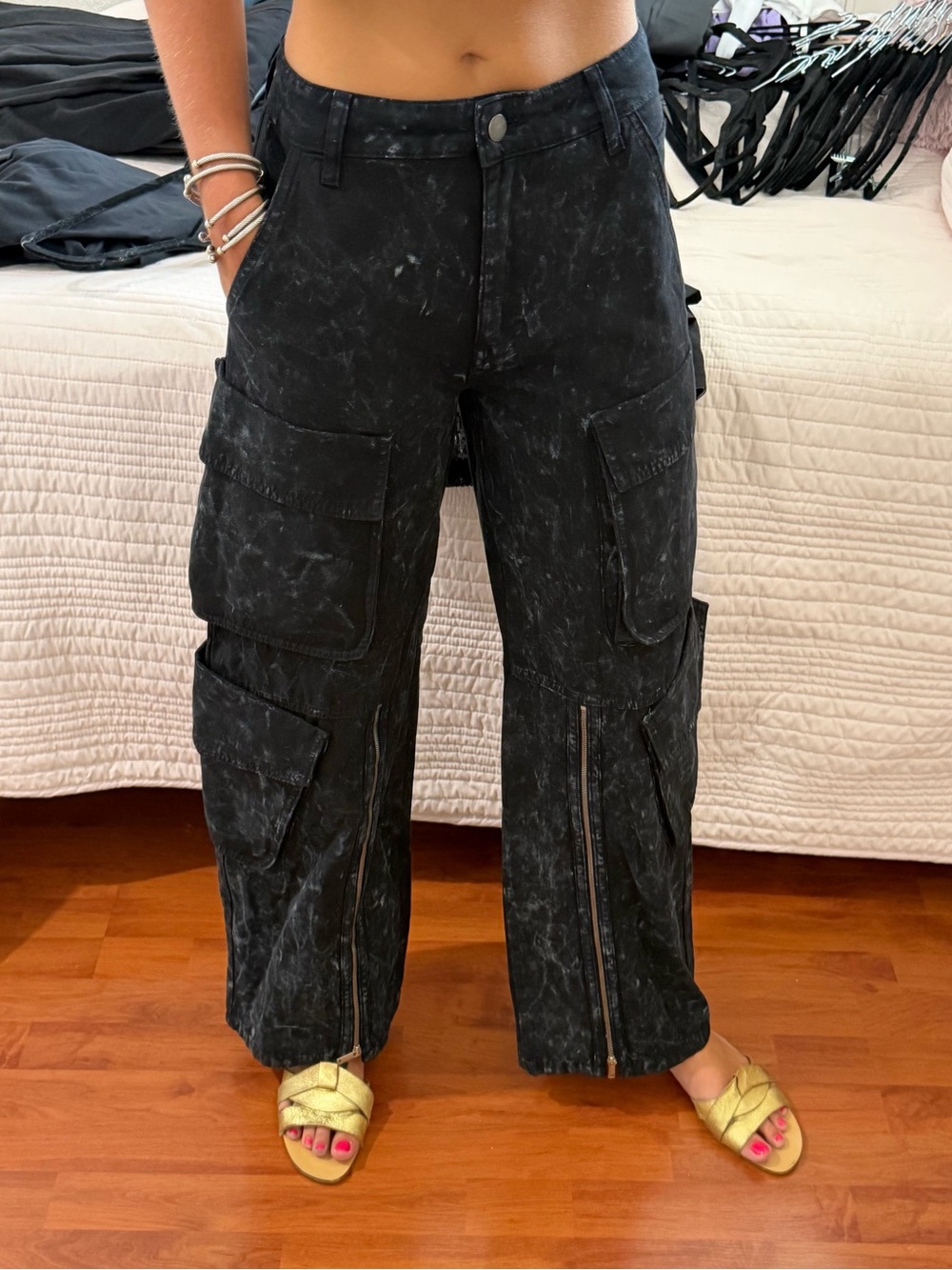 Zara Black Washed Cargo Pants with Front Zippers